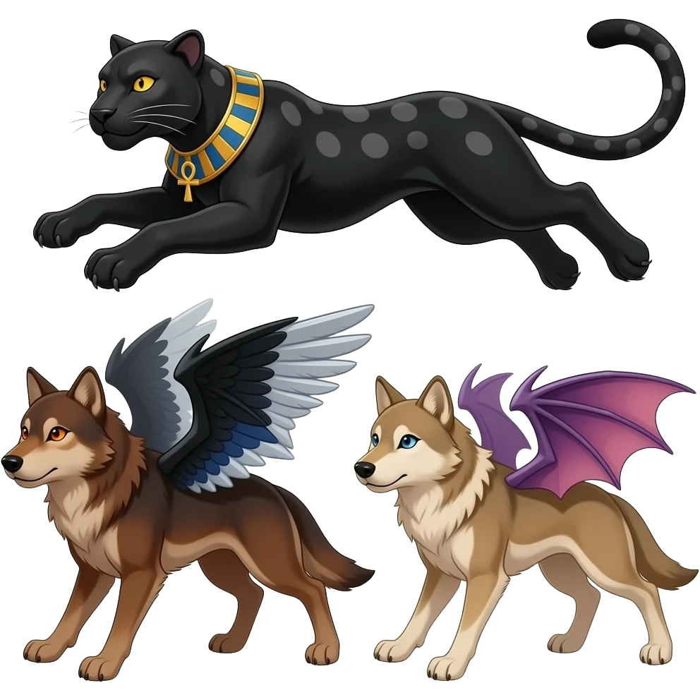 an egyptian black panther leaping playfully with dark grey markings in its black fur and golden yellow eyes. an ankh necklace around its neck. Leaping at a russet brown wolf with black white and blue crow wings and orange eyes and a tan wolf with small purplish draconic succubi wings and blue eyes emoji