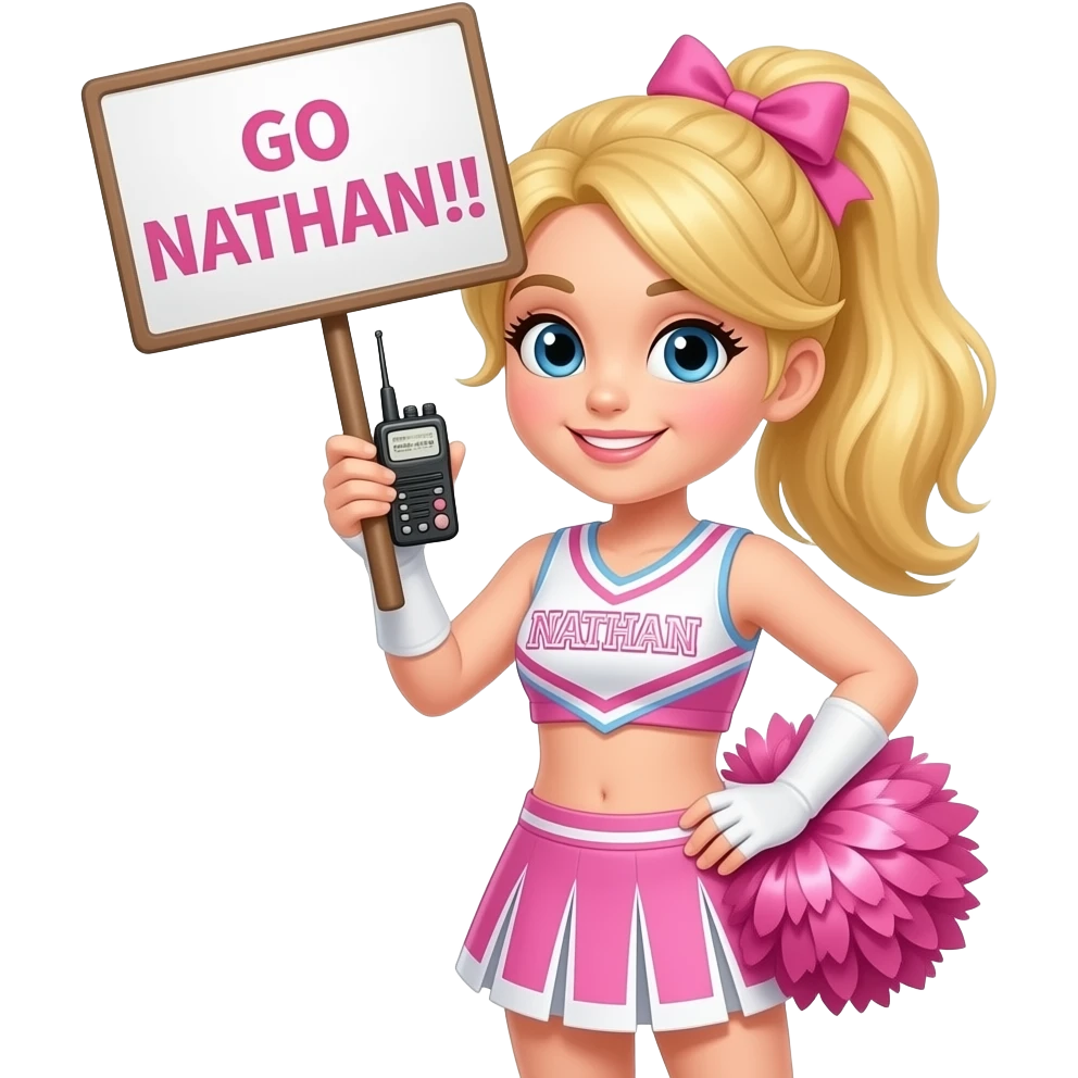Cute Cheerleader ham radio with blonde hair. Sign saying "GO NATHAN ...