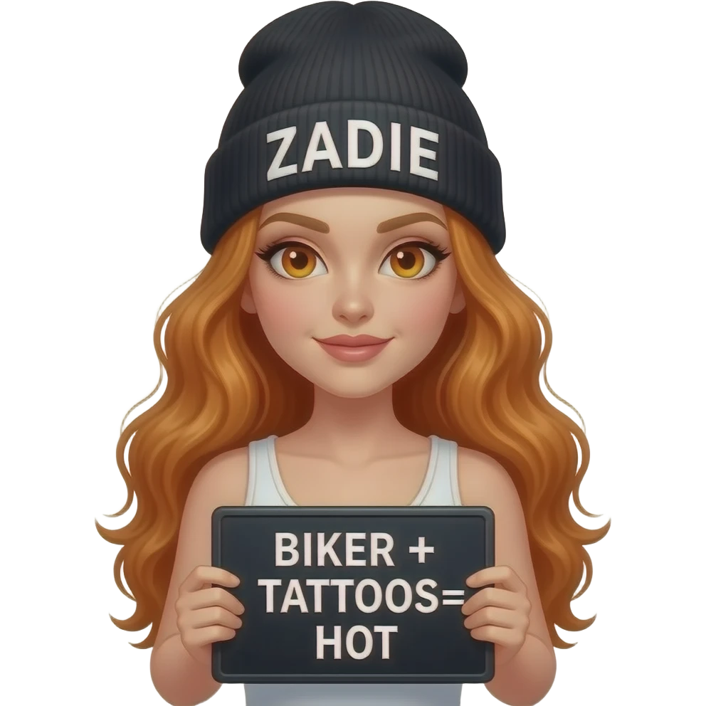 sexy girl with overlong wavy ginger hair and ginger eyes wearing a white tanktop and a black beanie with ZADIE written on it, is holding a black sign with BIKER + TATTOOS = HOT written on it emoji