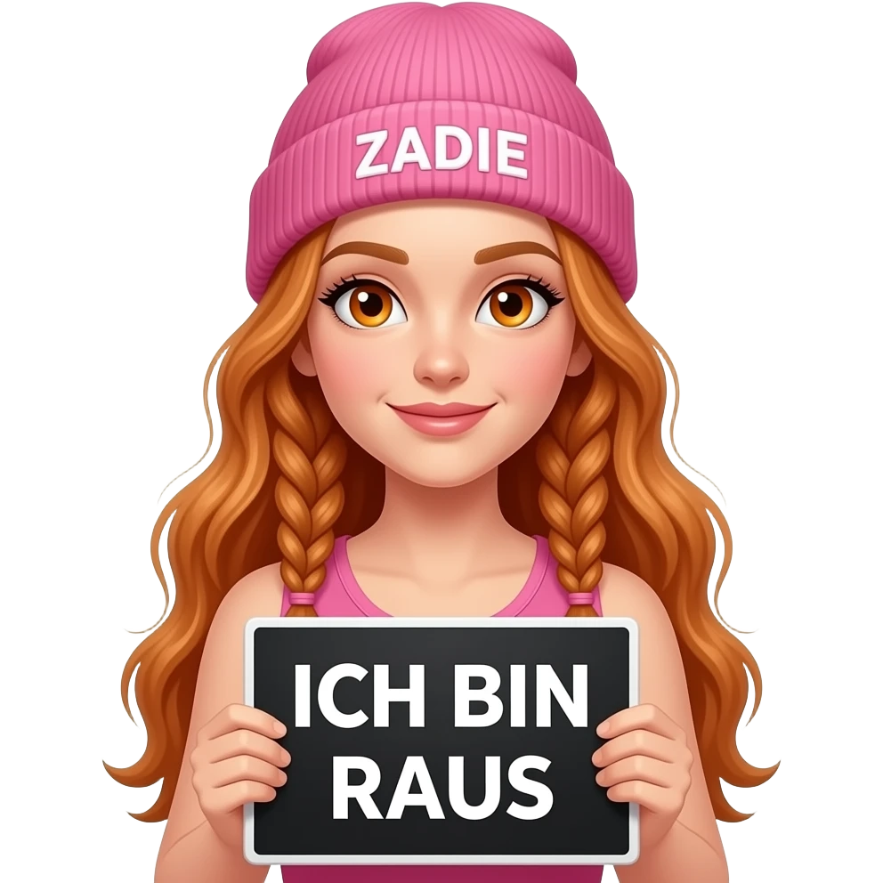 sexy girl with overlong ginger braids and ginger eyes wearing a pink tanktop and a pink beanie with ZADIE written on it, is holding a black sign with ICH BIN RAUS written on it emoji