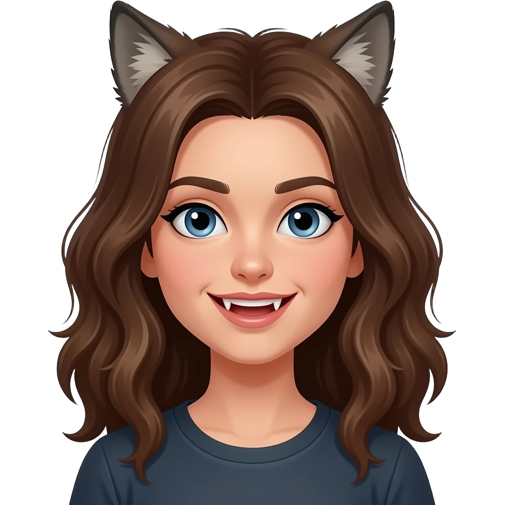 Werewolf girl with brown hair wavy hair, fangs teen emoji