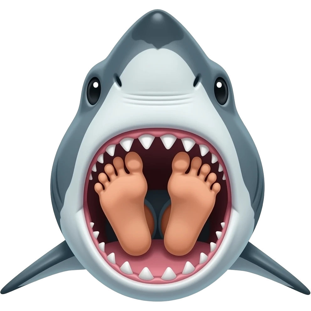 Genérame una imagen en la que abajo del agua esté un tiburón comiendo a una persona pero que solo salgan los pies por la boca del tiburón emoji