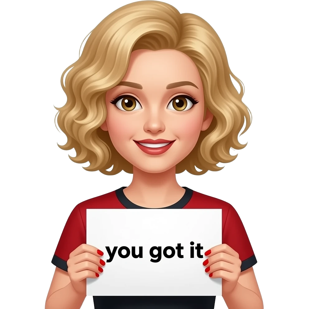Short blond hair in tight curly side swept Holding a stroll saying you got it with red nail polish, brown lipstick and red and black shirt short sleeve emoji
