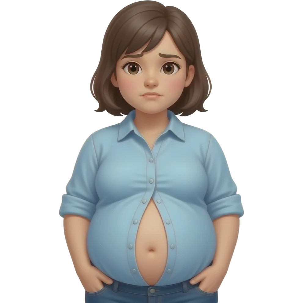 a girl with a huge stomach that is full to bursting,so bloated that she gets a tummyache,her bellybutton is poking out and her shrunk tight shirt buttonholes are at breaking point. emoji