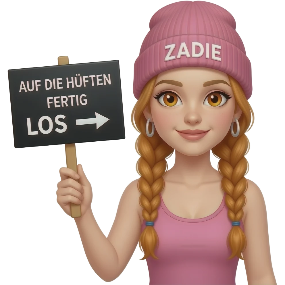 sexy girl with overlong ginger braids and ginger eyes wearing a pink tanktop and a pink beanie with ZADIE written on it, is holding a black sign with AUF DIE HÜFTEN FERTIG LOS ➡️written on it emoji