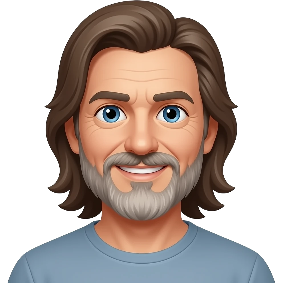 Long brown hair blue eyes long 60 year old grey beard stoner happy with long hair straight back emoji