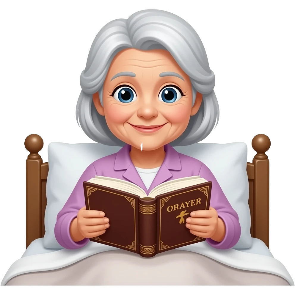 A fat plump, sad fat old lady is flipping through a prayer book in the bed emoji