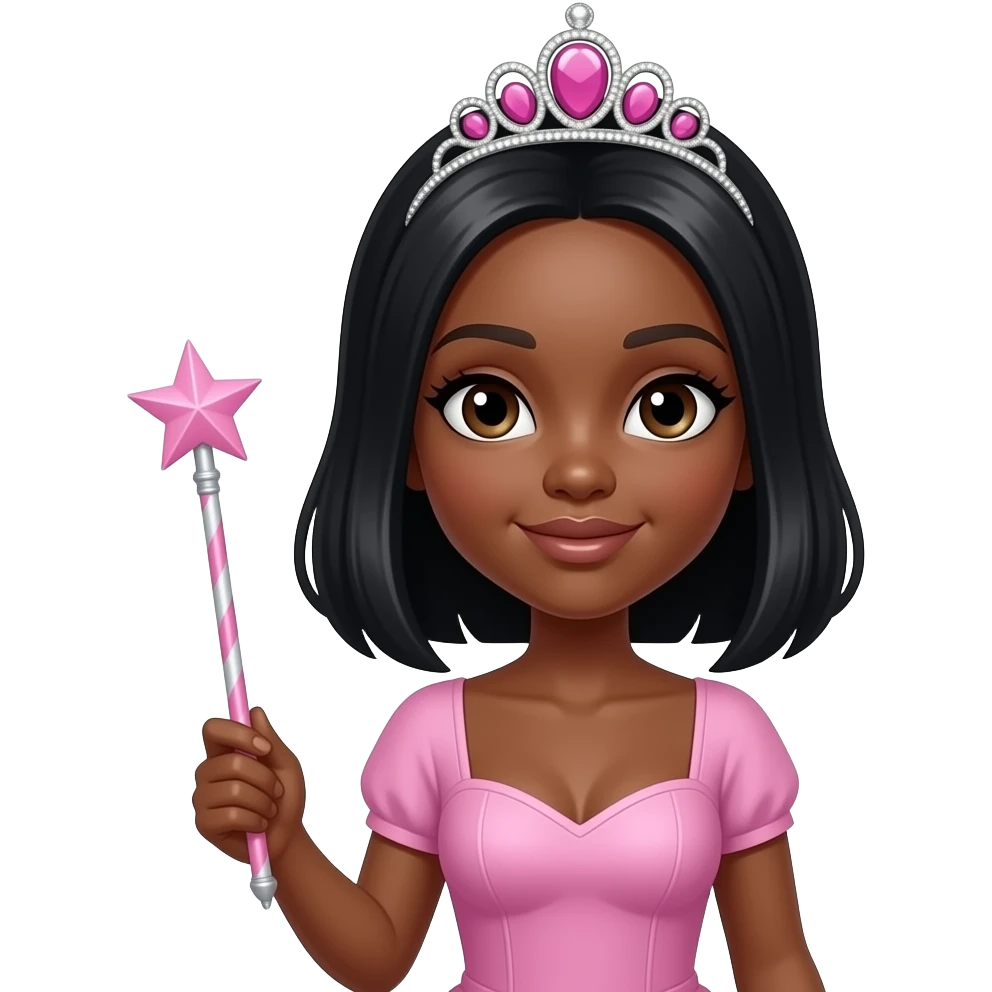 Dark skin girl, middle part black hair, m cup breast, with no bra, pink tiara holding a wand, doll eyes, doll face shaped emoji