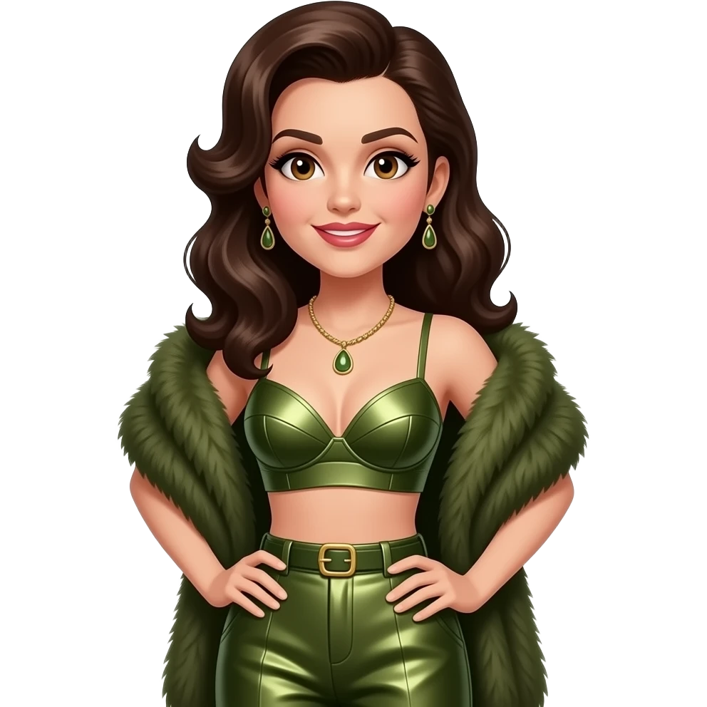 Maxene Andrews from The Andrews Singers with brown eyes, long dark brown pin-up hair, olive fur shawl, olive metallic bra, olive metallic baggy pants, necklace and earrings emoji