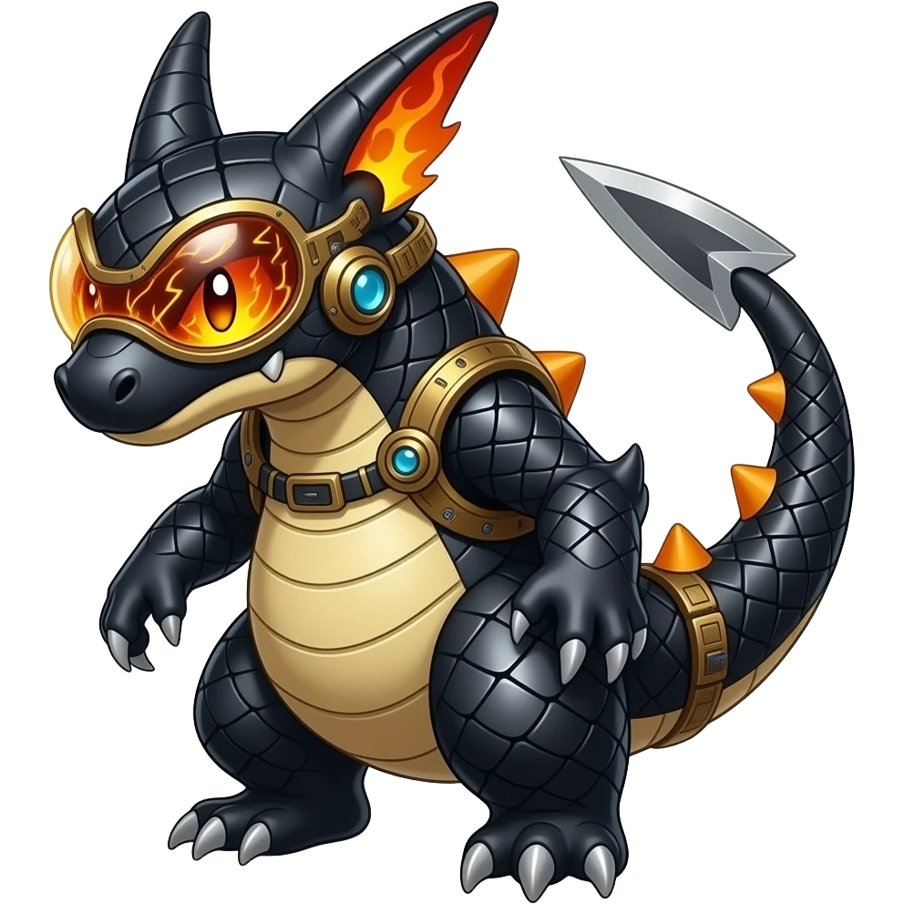 Cool edgy fiery electrical scaly cybernetic visor-eyes, Circuitry-patterned black-scaled digitigrade futuristic fantasy-Cyberpunk-Steampunk-Solarpunk-Sharpedo-Garchomp-Genesect-Cyclizar-Salandit-Protogen-Fakémon-hybrid, tail blade, back spikes emoji