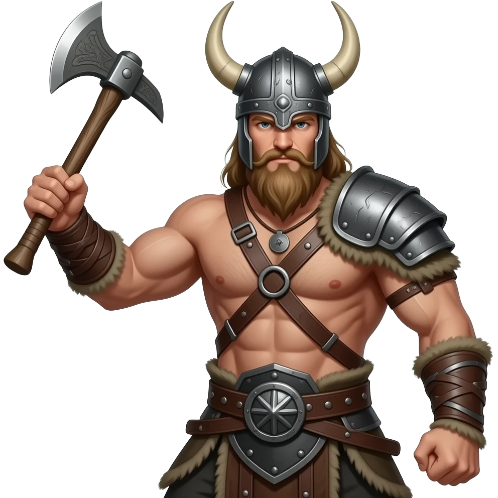 Vikinger mit nackten maskulinen Oberkörper und einer behaarten und starker Brust, mit Leder Riemen und Schulterpanzer. Er schwinkt eine Axt und trägt ein Helm mit Hörnern emoji