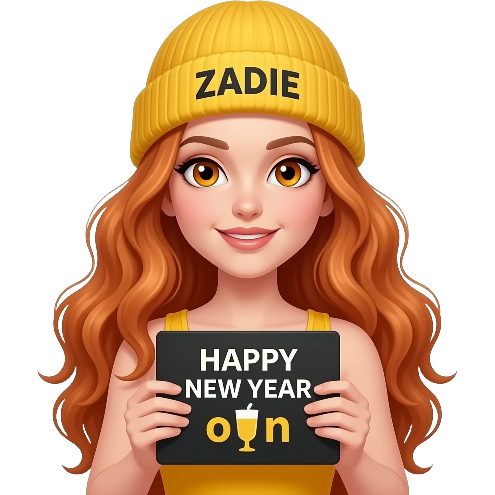 sexy girl with overlong wavy ginger hair and ginger eyes wearing a yellow tanktop and a yellow beanie with ZADIE written on it, is holding a black sign with just HAPPY NEW YEAR o🥂 n it emoji