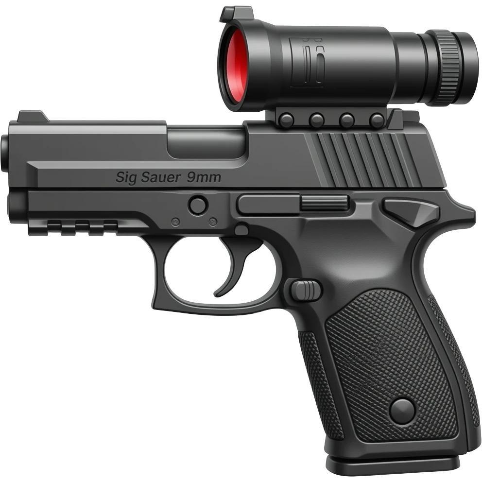 Make the sig saur 9mm pistol and add the name "Sig Saur 9mm" on the barrel . Make the name darker.   Make a red dot sig saur scope on the gun. emoji