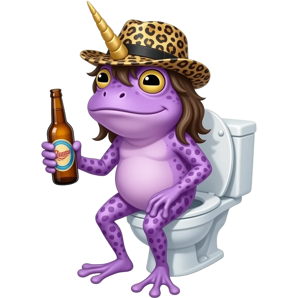 hacme una rana boracha i que tenga la votella con un gorro con forma de leopardo con el pelo largo i pintado de unucorniocon botella de borachopiel lilaen un retrete emoji
