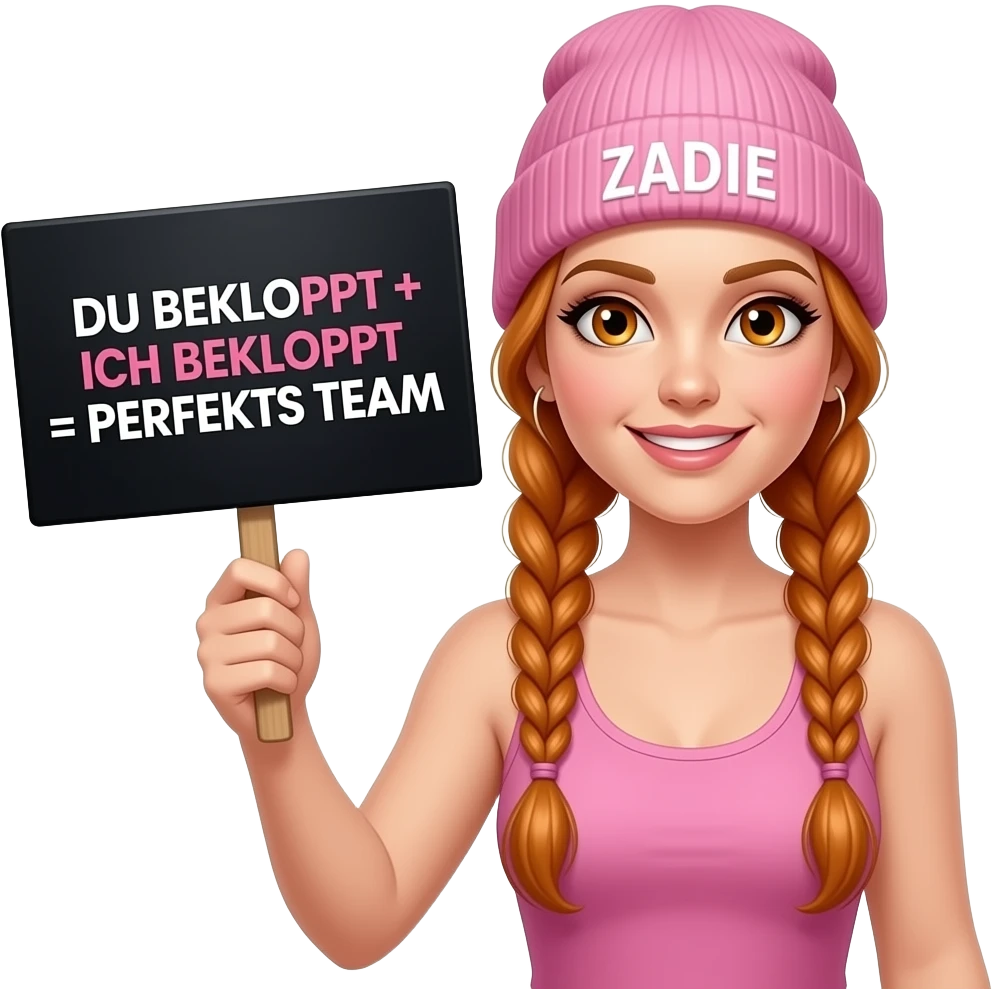 sexy girl with overlong ginger braids and ginger eyes wearing a pink tanktop and a pink beanie with ZADIE written on it, is holding a black sign with DU BEKLOPPT + ICH BEKLOPPT = PERFEKTES TEAM written on it emoji