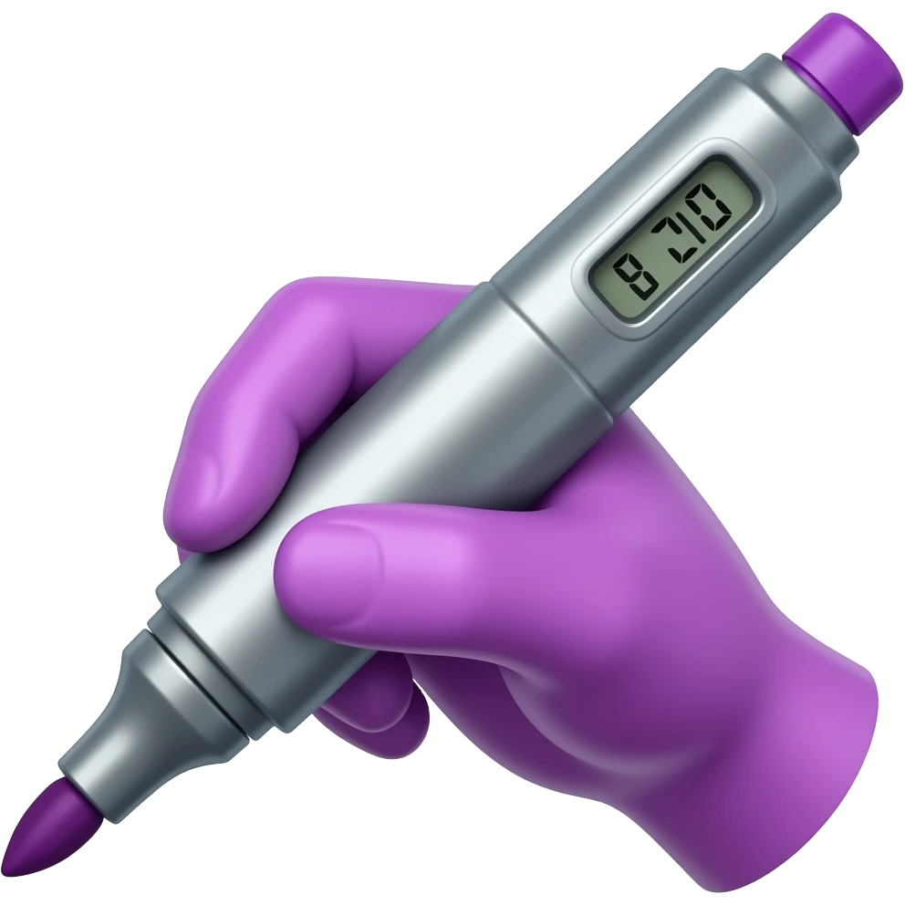 female hand in purple simple glove writing with big bold metallic marker, small display timer on the marker emoji