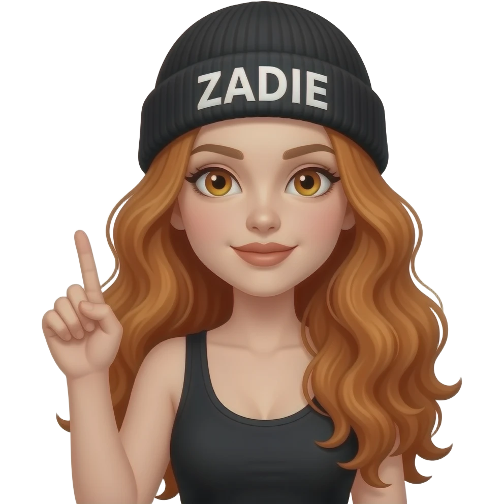 sexy girl with overlong wavy ginger hair and ginger eyes wearing a black tanktop and a black beanie with ZADIE written on it,  is raising a finger emoji