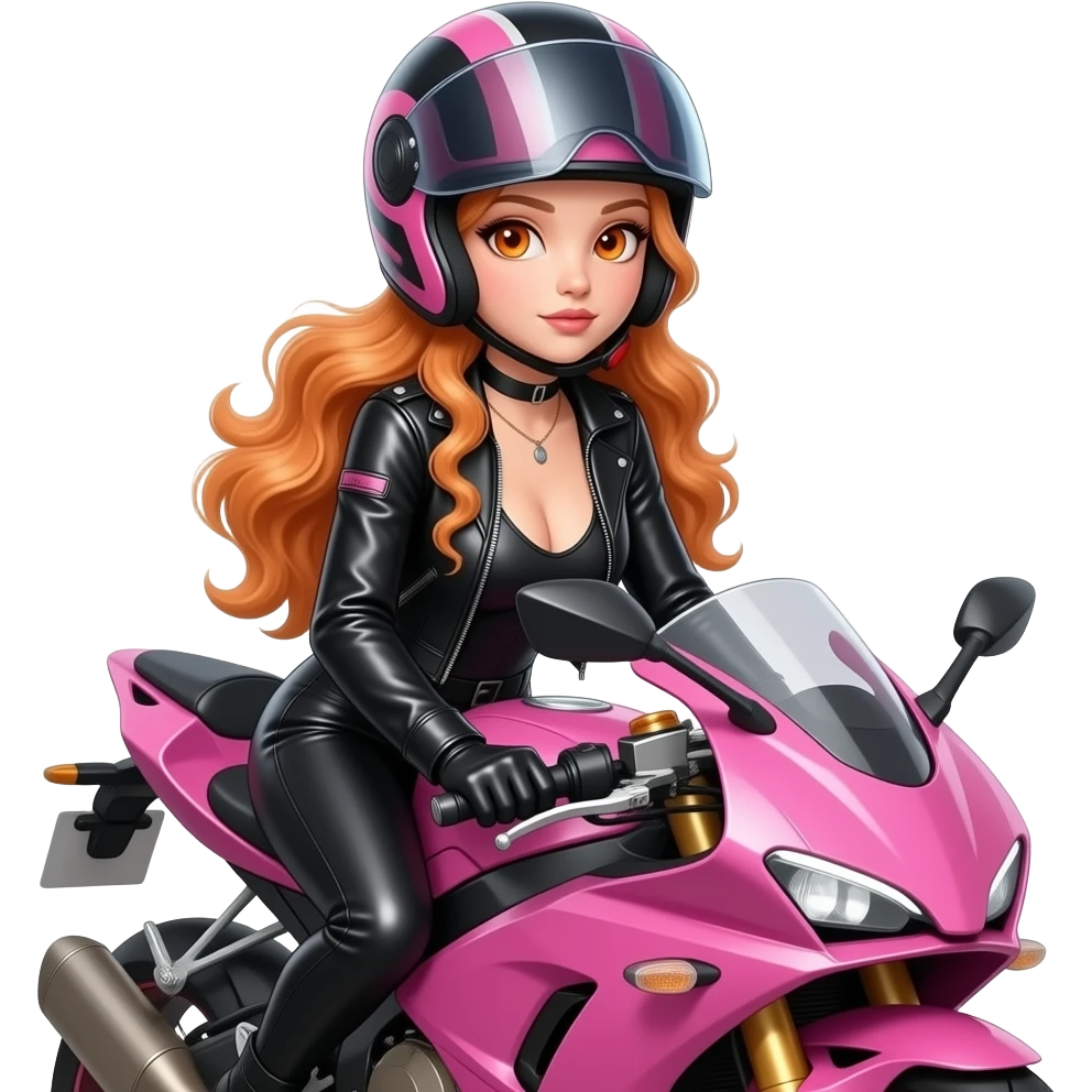 sexy girl with overlong wavy ginger hair and ginger eyes is wearing black pink leather clothes and a motorcycle helmet with vision sits on a pink motorcylce emoji