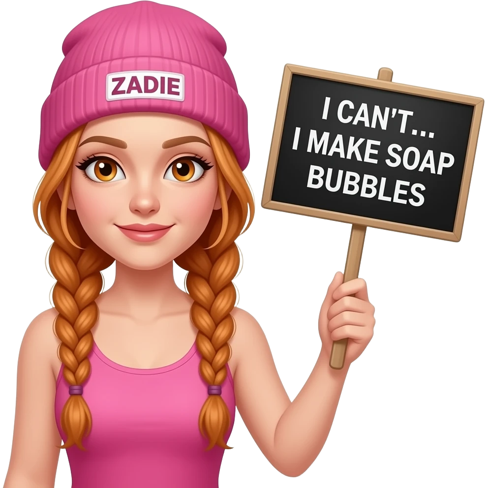 sexy girl with overlong ginger braids and ginger eyes wearing a pink tanktop and a pink beanie with ZADIE written on it, is holding a black sign with ICH KANN NICHT... ich mache SEIFENBLASEN written on it emoji