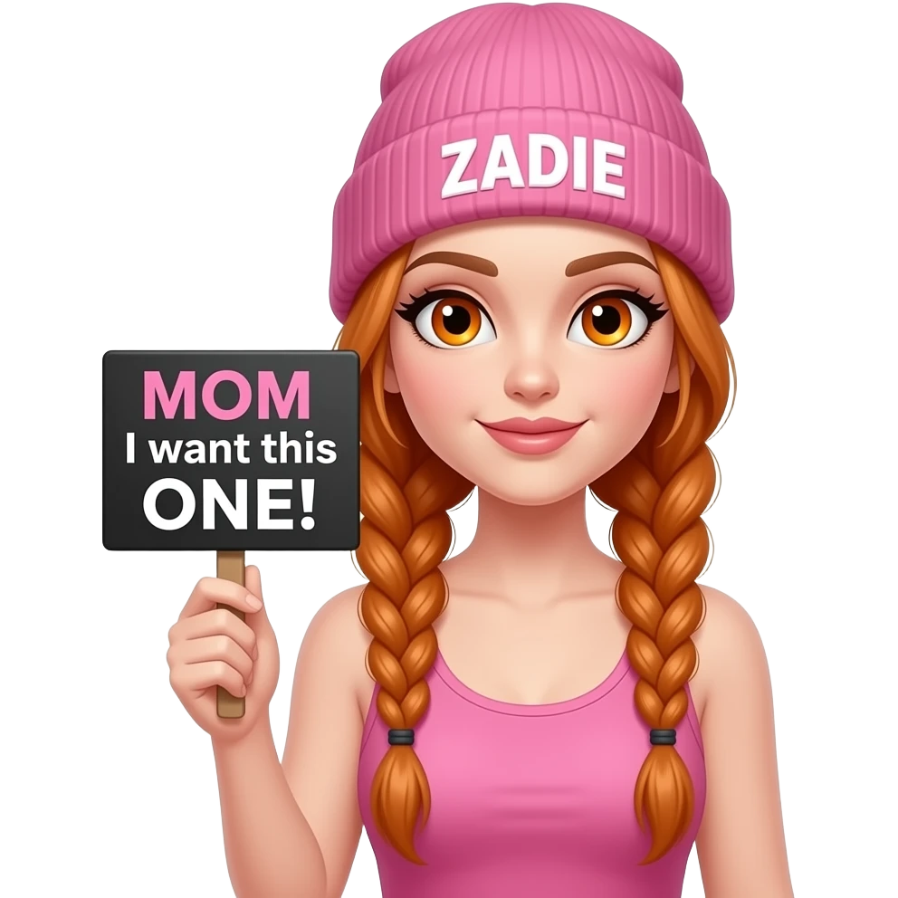 sexy girl with overlong ginger braids and ginger eyes wearing a pink tanktop and a pink beanie with ZADIE written on it, is holding a black sign with MOM I want this ONE! written on it emoji