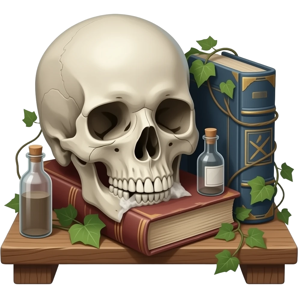 realistic cinematic - Joel Peter Witkin style - still life arranged on a wooden board, includes a corpse's head, tiny dusty bottles, old battered books, some wrapped ivy emoji