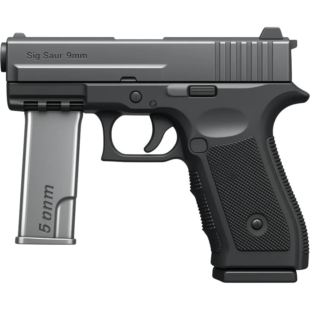 Make the sig saur 9mm pistol and add the name "Sig Saur 9mm" on the barrel . Make the name darker.  Make a 50-round barrel clip hanging below the gun grip not the barrel. emoji