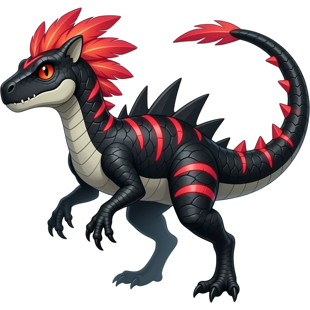 Cool edgy ancient black-scaled with neon-red stripe markings digitigrade bipedal vintage futuristic raptorik fantasy-Cyberpunk-Steampunk-Solarpunk-Genesect-Salamence-Cyclizar-Salazzle-Feraligatr-Fakémon-animal-hybrid, with neon feather-mane, and a tail blade, back spikes, full body emoji