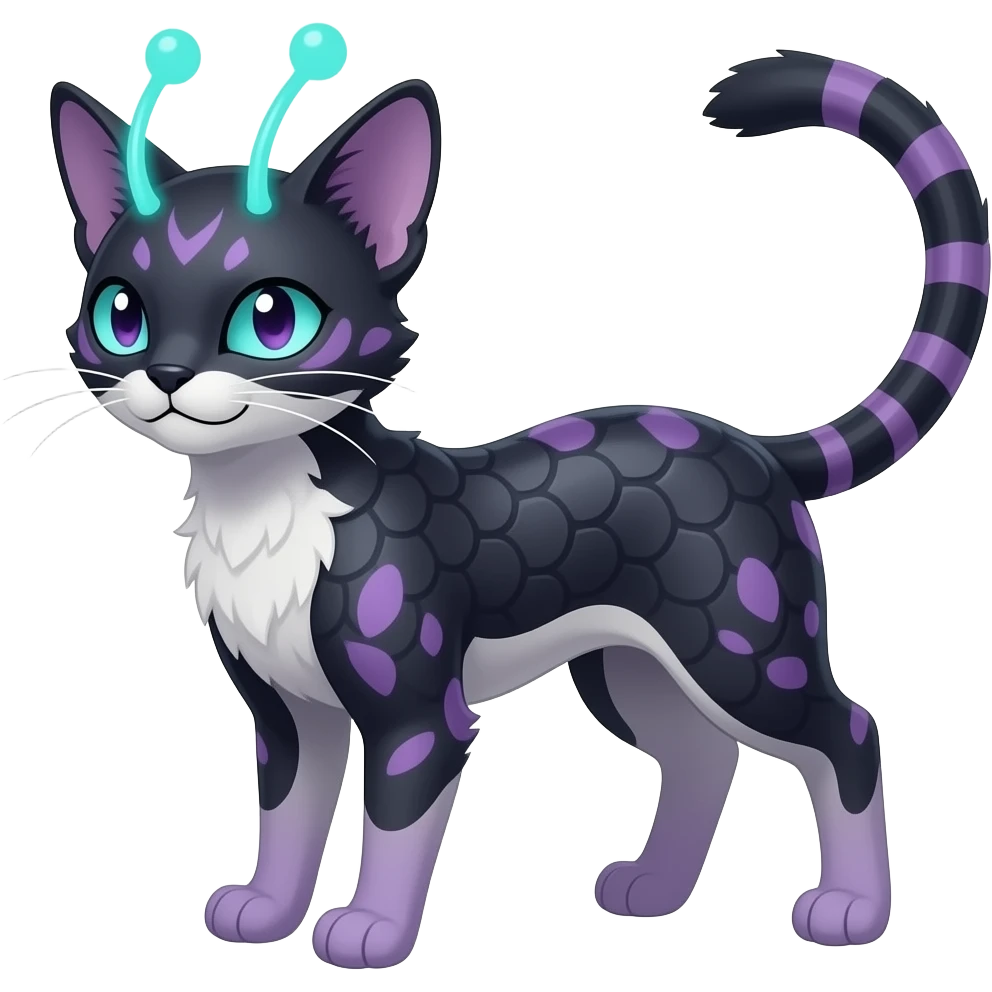 Realistic Abyssinian bioluminescent dull, scaly furry oil-blackish oily greyish, purplish, whitish abyss-fantasy-Zorua-Sprigatito-Absol-feline-Fakémon-fusion, with thin neon-glowing bulb-antennae-whiskers, full body emoji