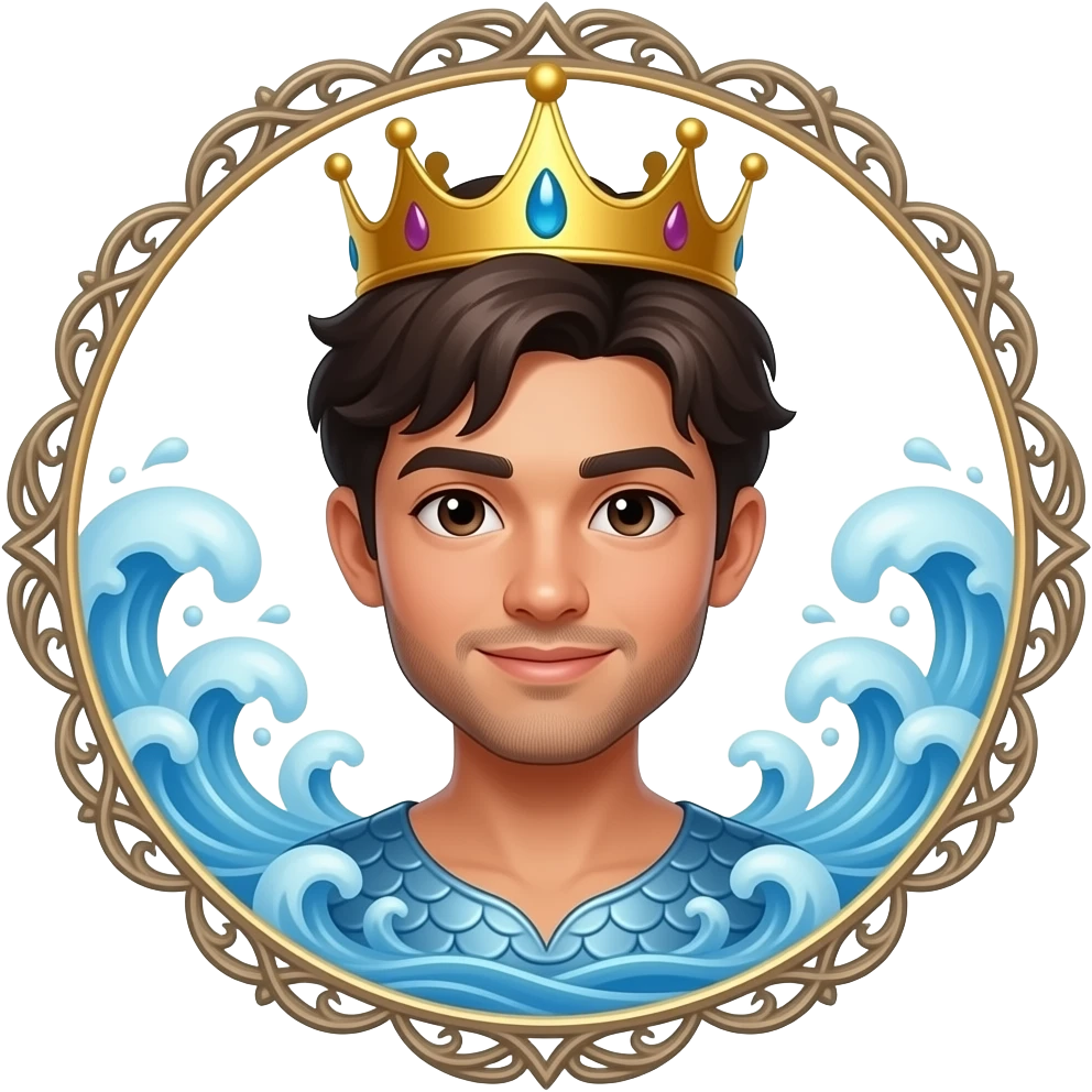 Vector color drawing of a young male mermaid, a dark-skinned, Hispanic-Asian man with a beardless brunette, wearing a golden crown, in blue waves. Vignette decoration as a decorative painting. emoji