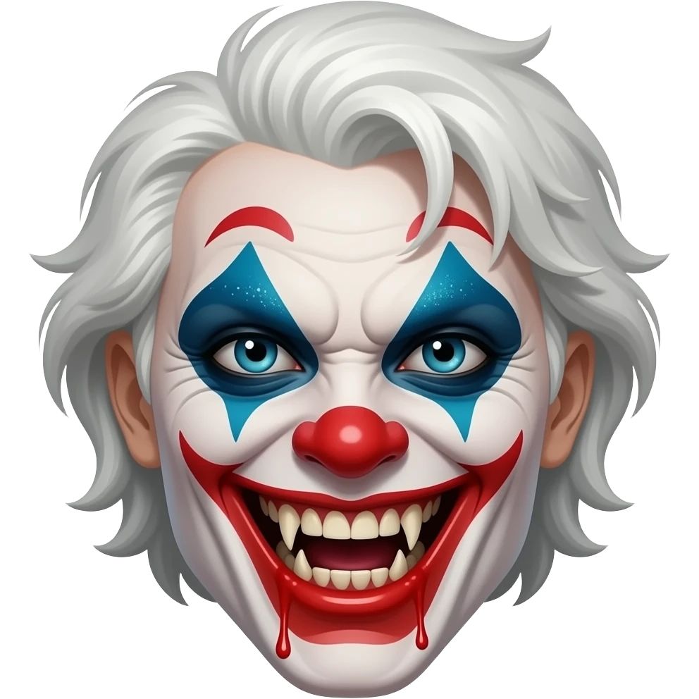 An evil clown with white hair, head only, wicked grin, hyper real, crazy makeup, scary, hyper real, ultra real emoji