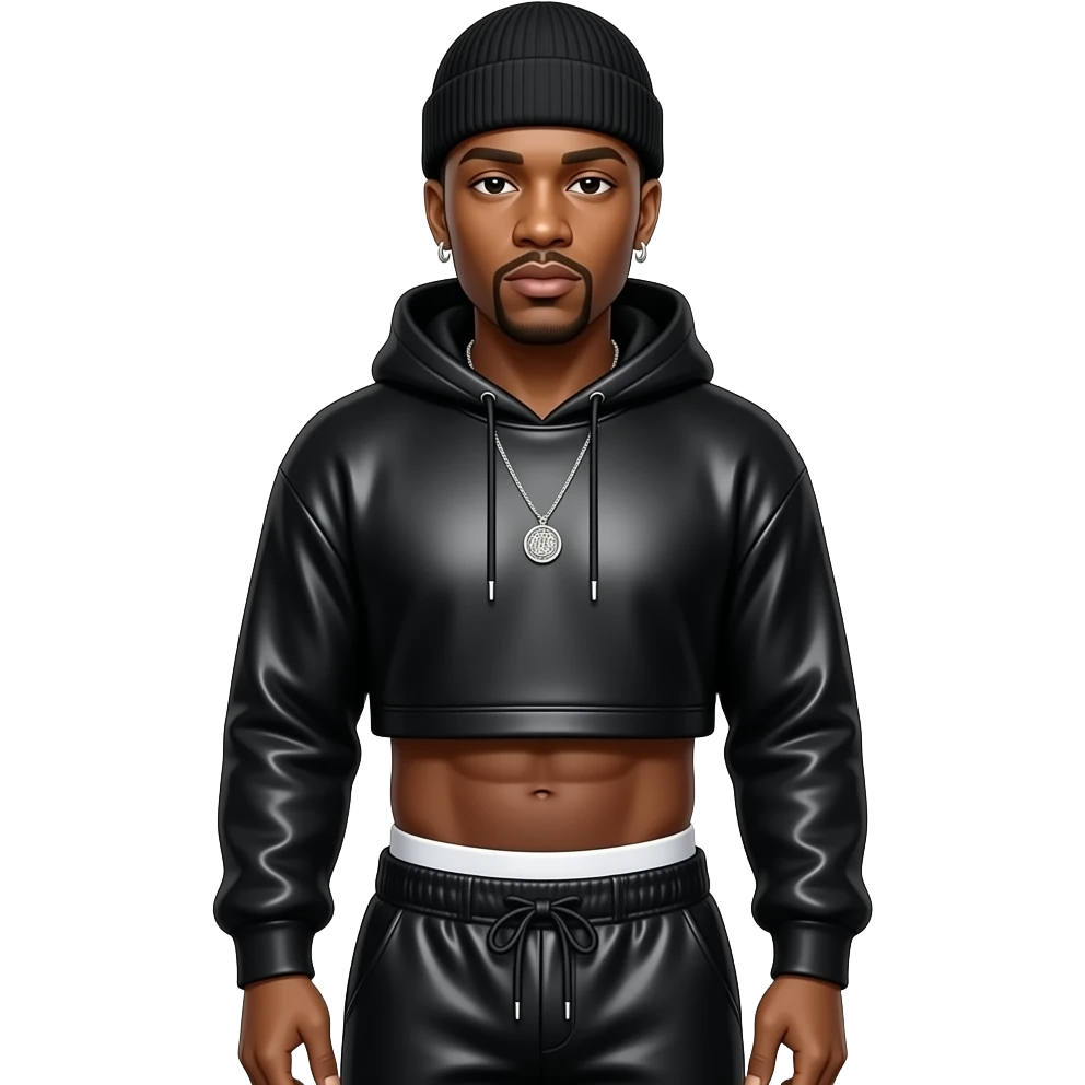LL Cool J with black beanie, black metallic sweatshirt crop top, black metallic sassy joggers with white undies, necklace and earrings emoji