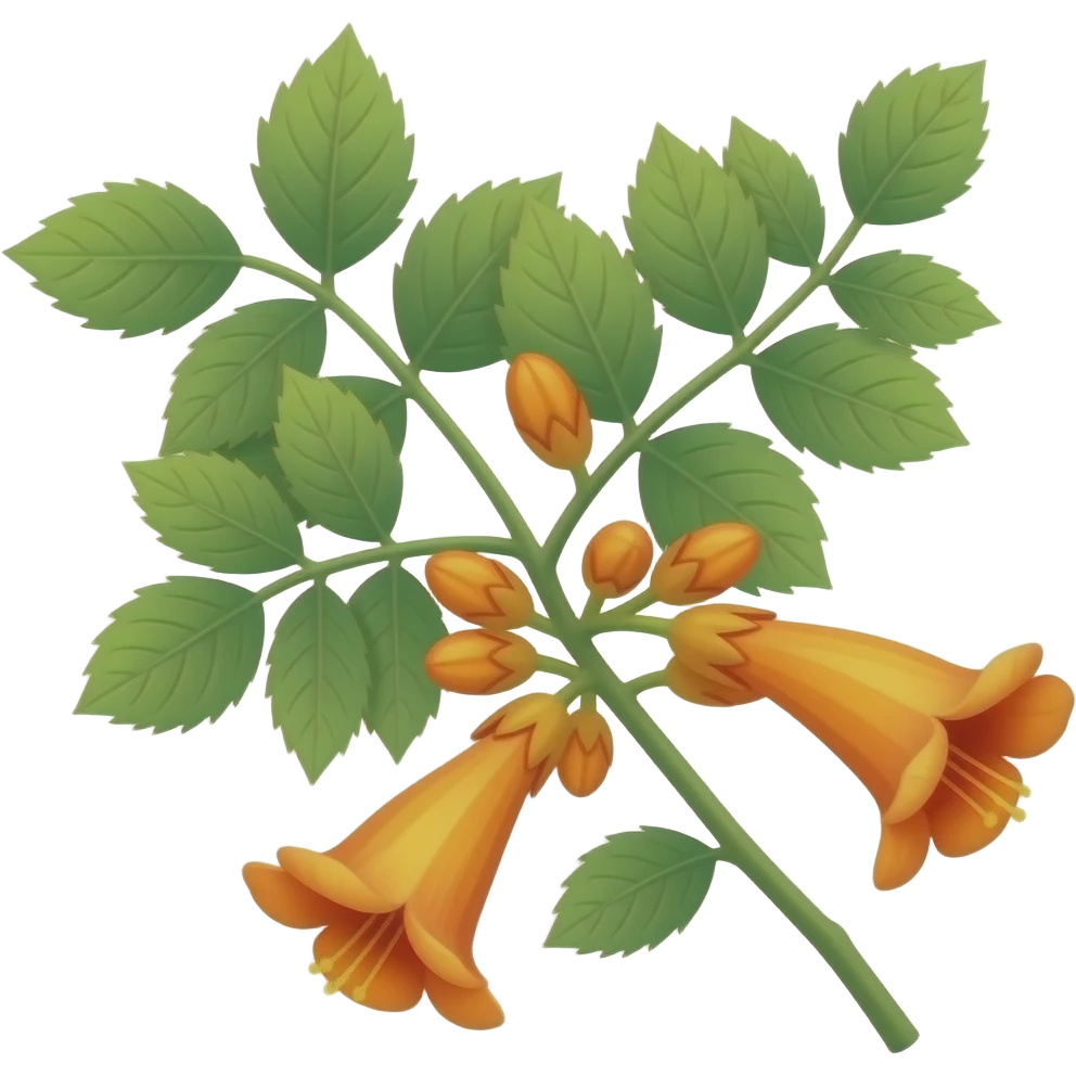 Circular realistic image (no white border): Campsis branch with tubular ...