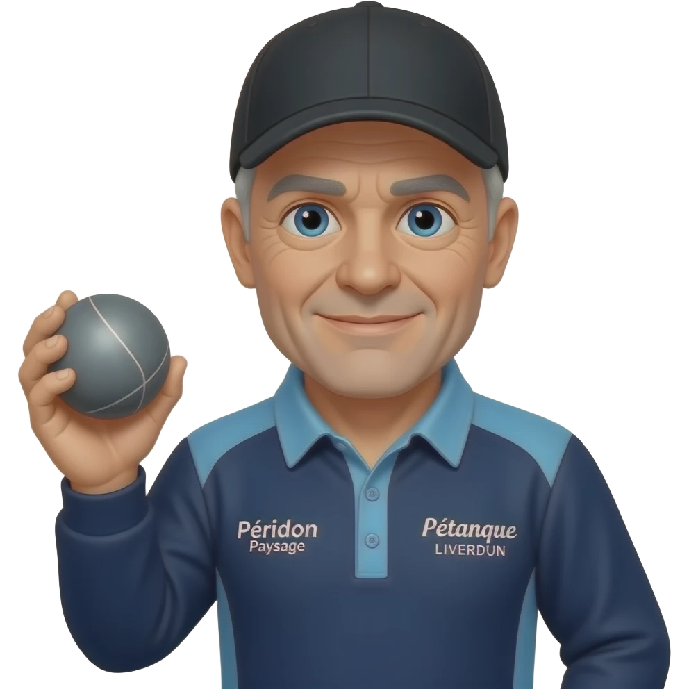 tête homme 60 ans yeux bleus complètement rasé? CASQUETTE NOIRE avec boule de pétanque grise à la main sur maillot bleu foncé avec col trois boutons bleu clair et avec épaules seules bleu clair coté bras bleu foncé inscription droit "Pétanque LIVERDUN, côté gauche "Péridon Paysage" emoji