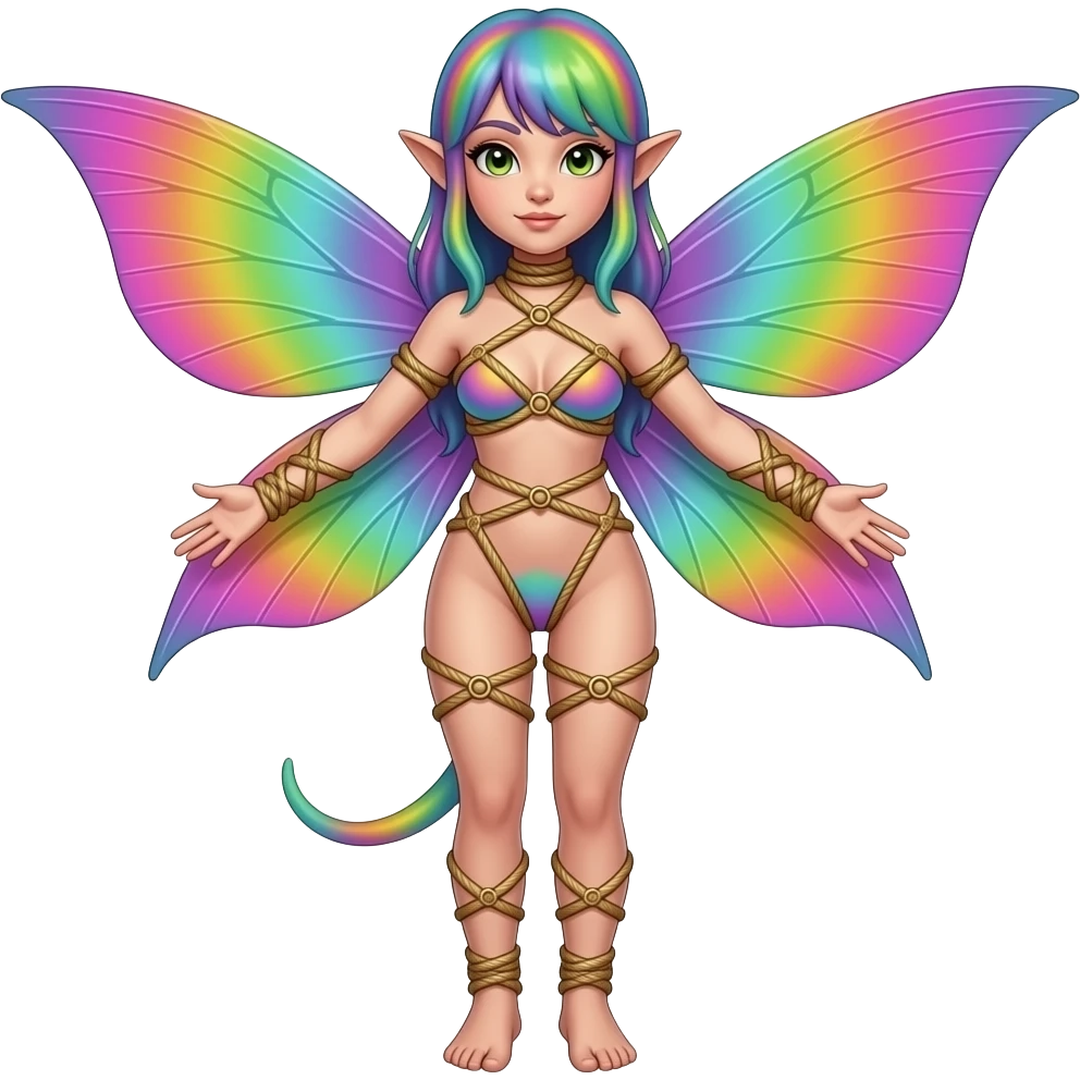 Submissive naked fairy in shibari rope body harness, full body. Rainbow fluo emoji