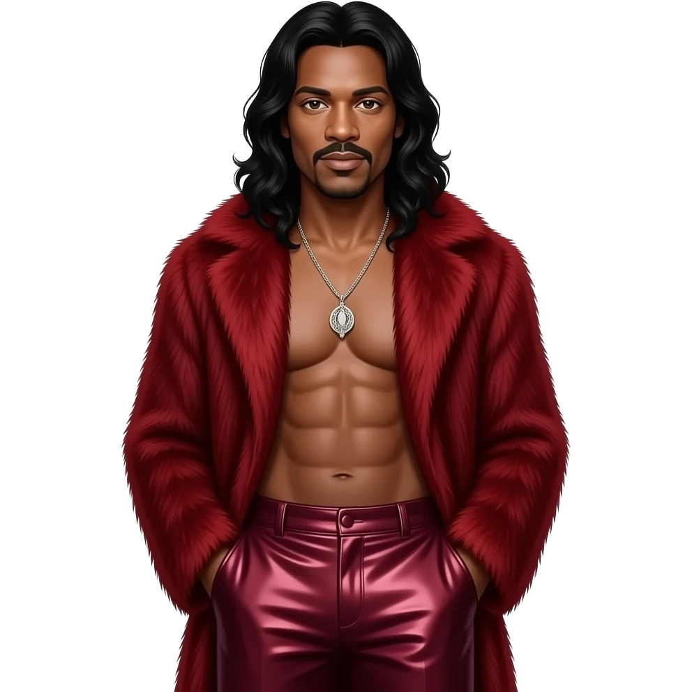 Barry White with brown eyes, long black hair, deep red fur shawl, burgundy metallic baggy pants, shirtless with necklace emoji