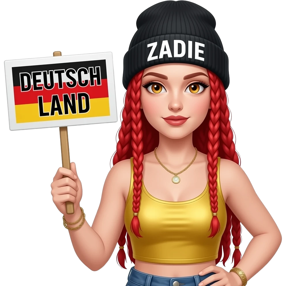 sexy girl with overlong neon red braids and ginger eyes wearing a gold tanktop and a black beanie with ZADIE written on it, is holding a sign with DEUTSCH LAND written on it emoji