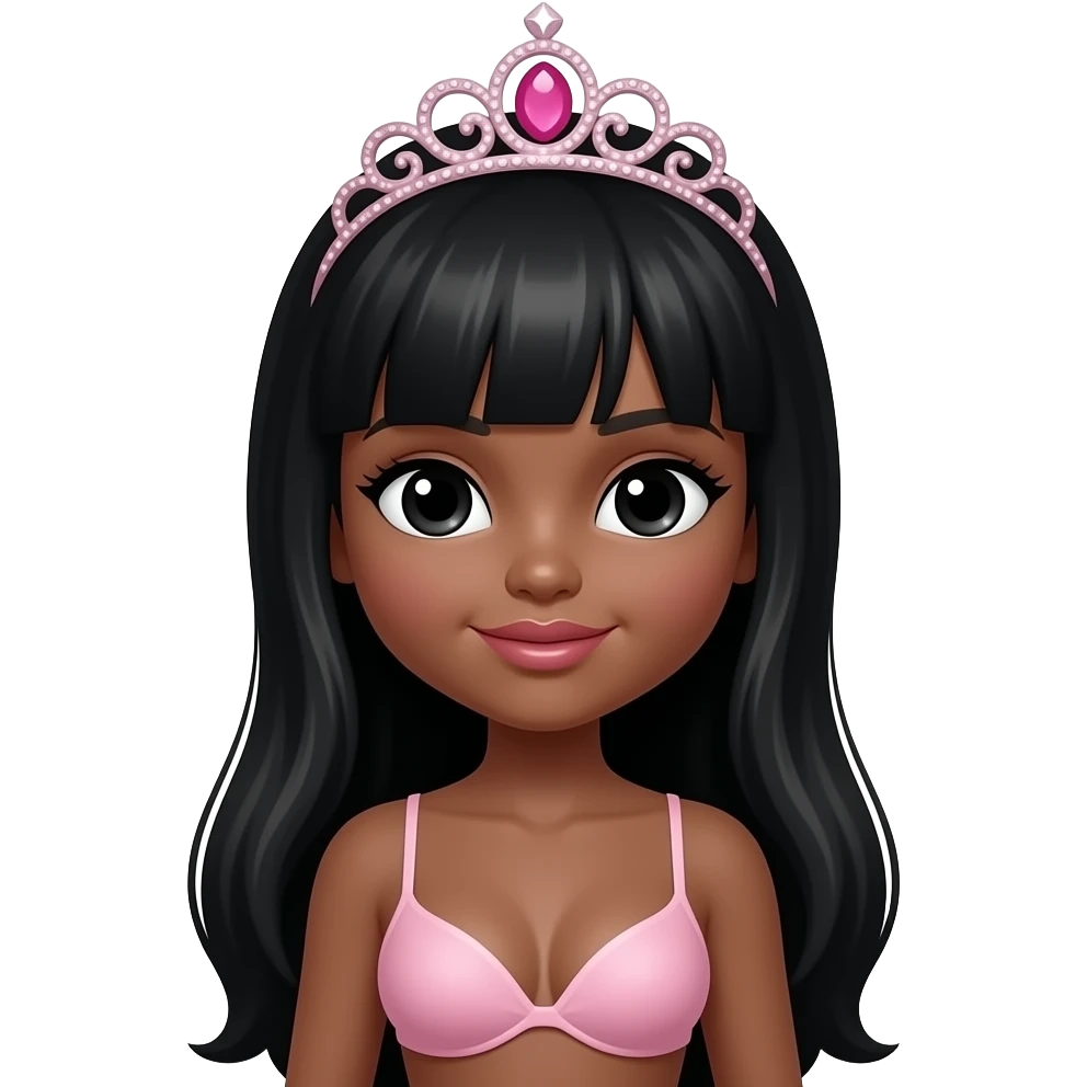 pink tiara, doll eyes, Doll, big chest, dark brown skin, with middle part long black hair, black cute eyes, with cute lip, without no bra emoji