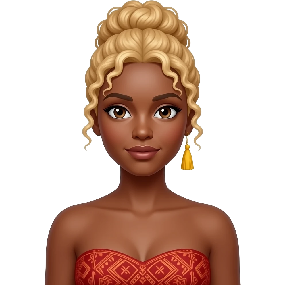 A medium shot portrait of a Black woman with blonde, curly hair styled in a high bun, looking directly at the camera. She is wearing a strapless red top with intricate patterns and a yellow tassel earring in her right ear emoji