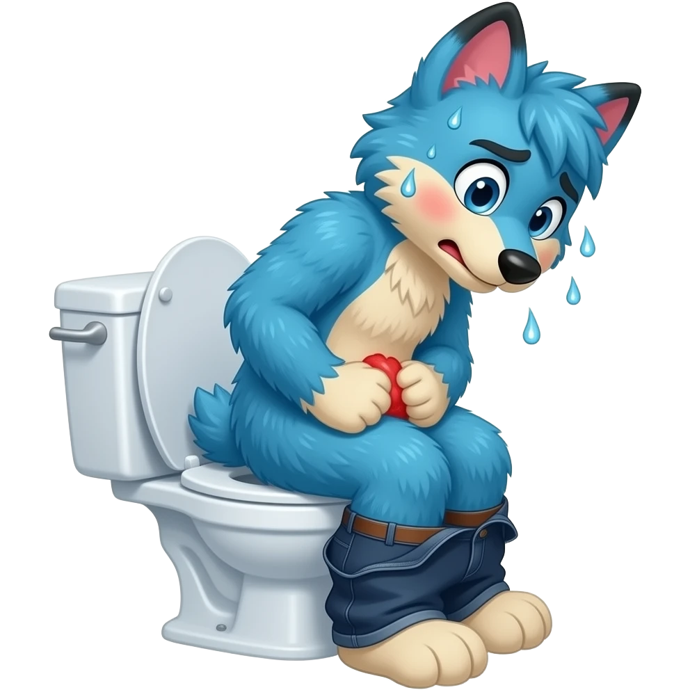 blue fursuit sitting on toilet, side view , pants down, pushing, straining face,  uncomfortable, constipation , sweating, red face emoji