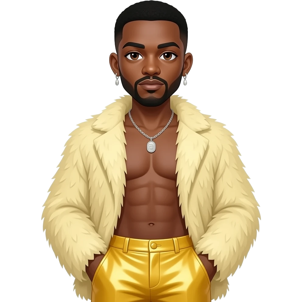 Usher with brown eyes, black buzz cut hair, light yellow fur shawl, butter yellow metallic baggy pants, shirtless with necklace and earrings emoji