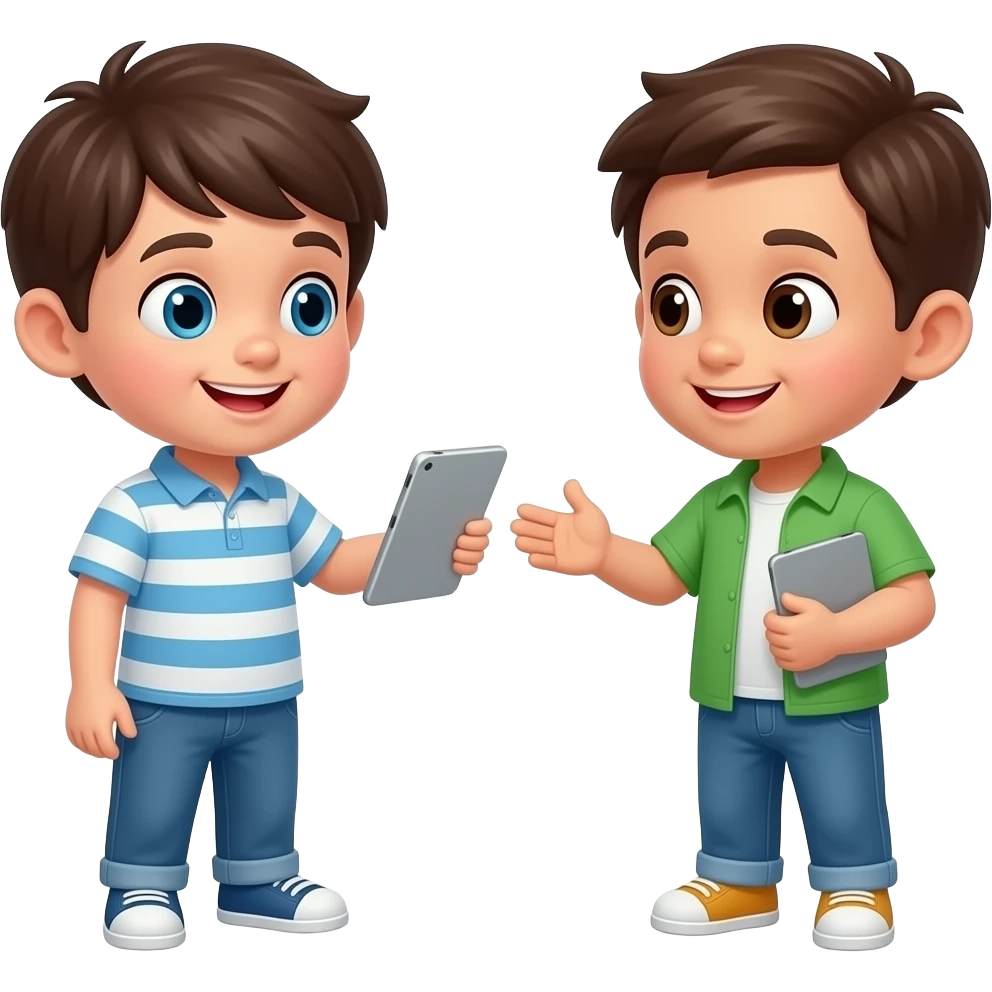 One kid asks another kid for a tablet. emoji