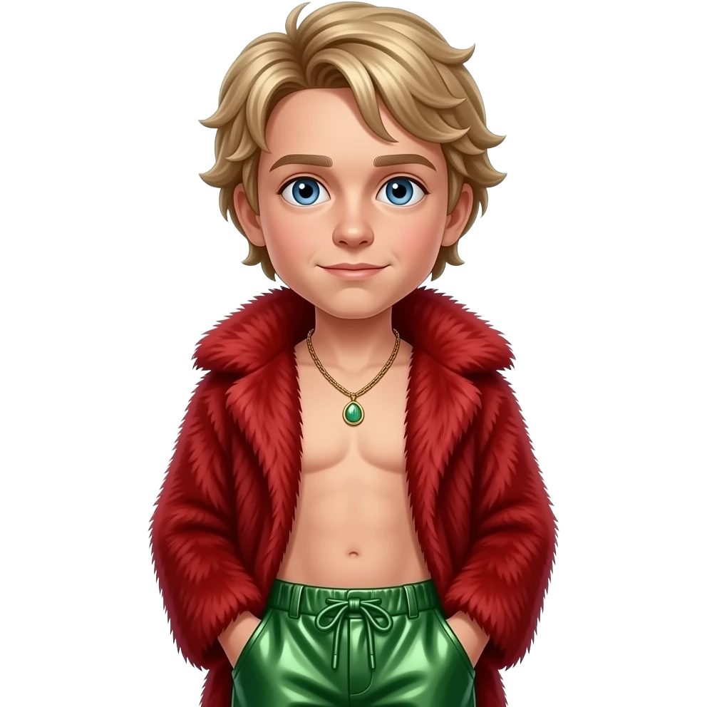 Macaulay Culkin with blue eyes, dirty blonde hair, red fur shawl, green metallic baggy pants, shirtless with necklace emoji