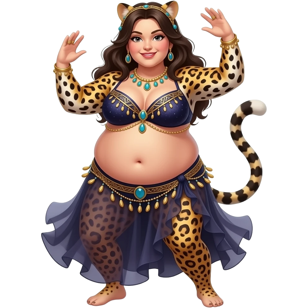 A female leopard belly dancer,with an morbid obese love handles & muffin top midriff,her bellybutton bulging from being stuffed to the max after a luncheon buffet,She dances then her bouncy belly wobbles a lot. emoji
