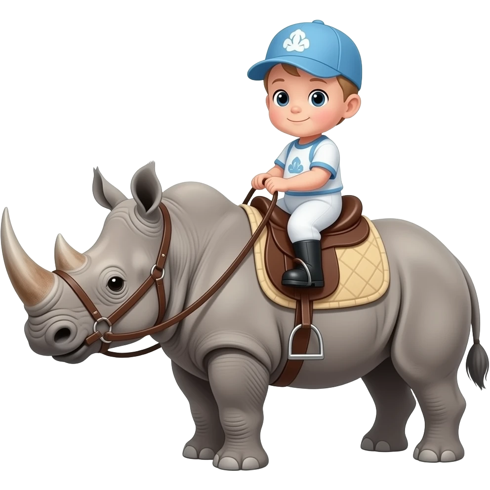 a baby riding a tacked up rhino with a bridle emoji