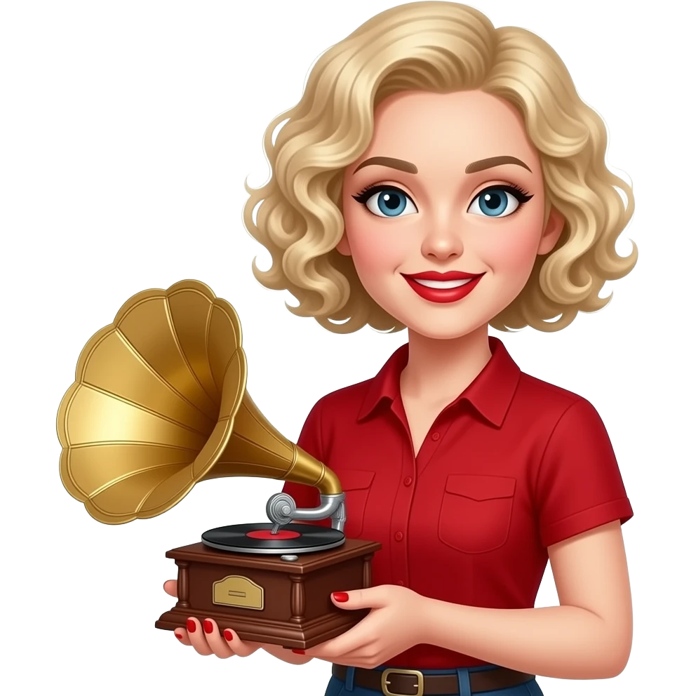 above neck Short blonde curly spiral hair holding a victrola with red nails, in a red short sleeve shirt, red lipstick, black eyebrows emoji