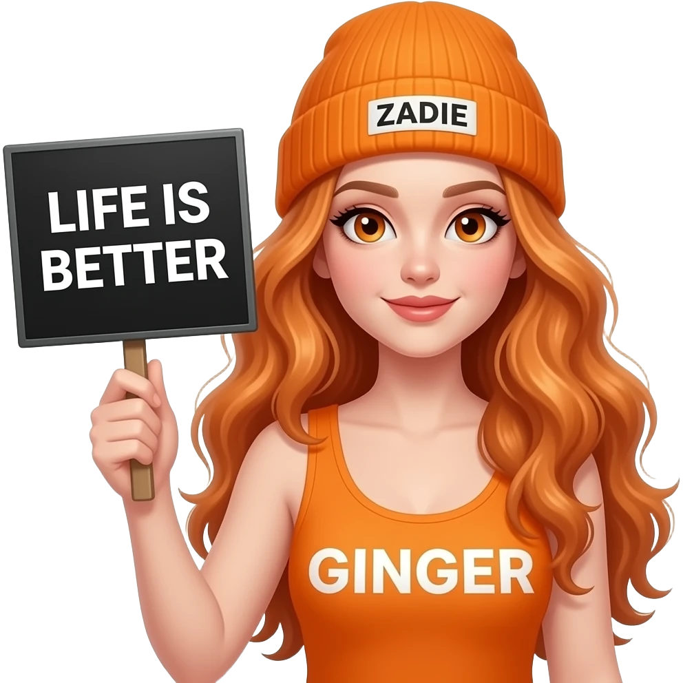 sexy girl with overlong wavy ginger hair and ginger eyes wearing a orange tanktop and a orange beanie with ZADIE written on it, is holding a black sign with LIFE IS BETTER with a GINGER written on it emoji