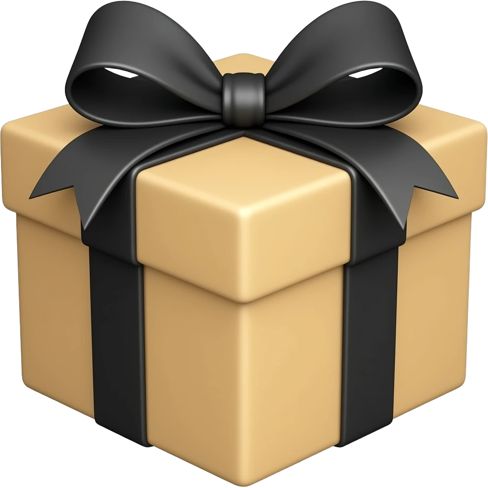 beige chocolate box with black ribbon emoji