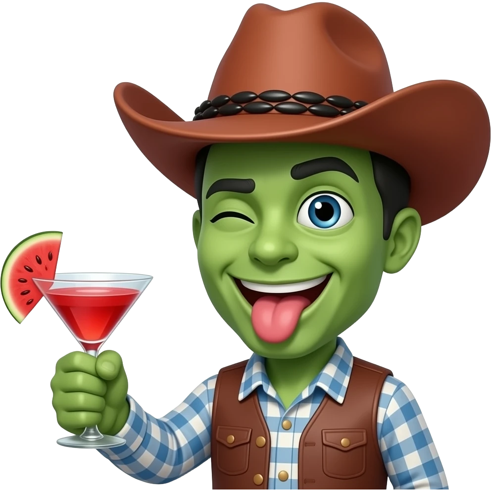 😜 emoji, green skin instead of yellow, red cowboy hat with black seeds, left hand raised holding a red martini glass with a watermelon slice on the rim emoji
