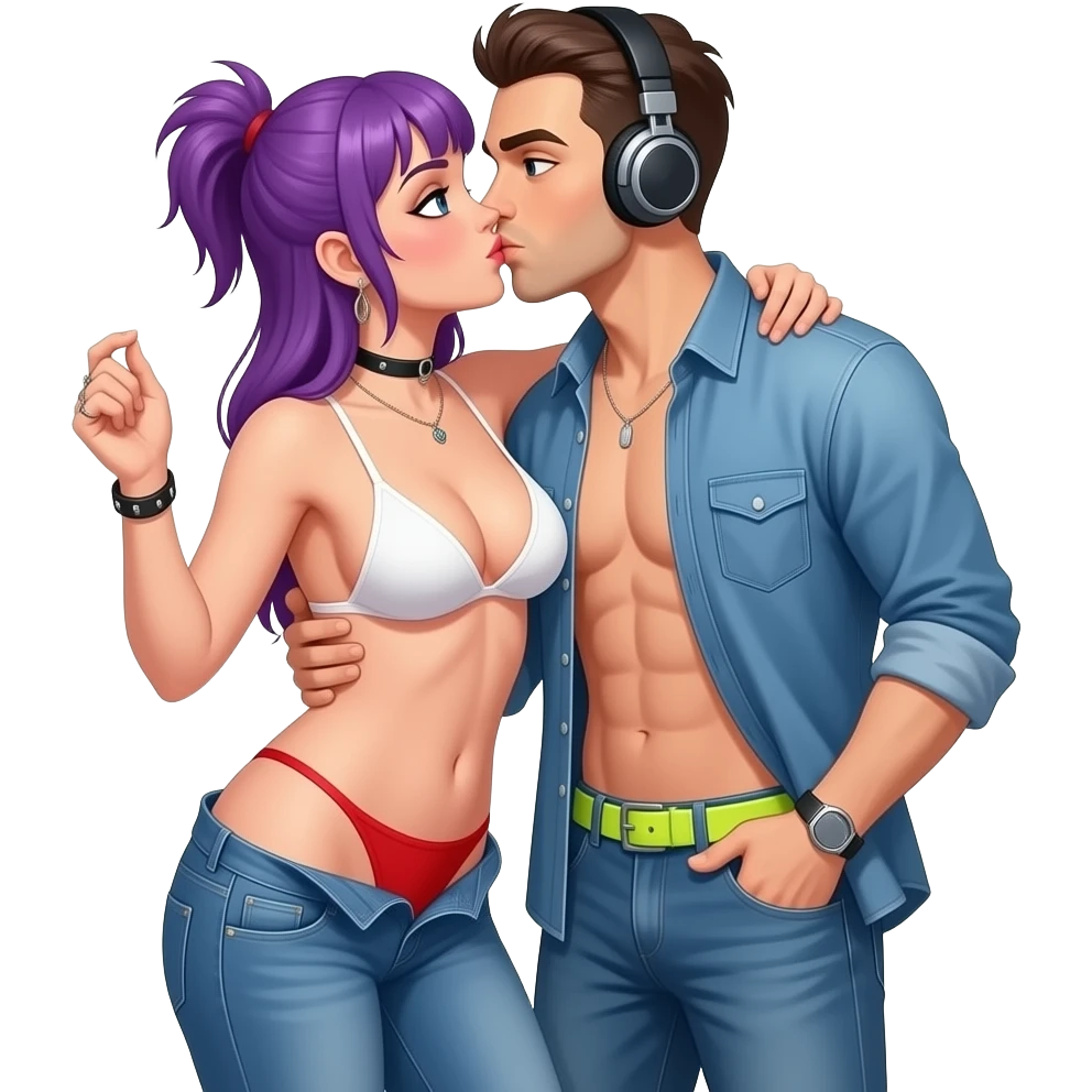 hug deep kiss two woman red and white thongs thongs different clothes lesbians topless dancing headphones she gives a slightly flirtatious look full-body shot of a purple hair punk two woman with her jeans unbuttoned neon yellow thong; denim shirt unbuttoned; no bra topless hands in pockets emoji