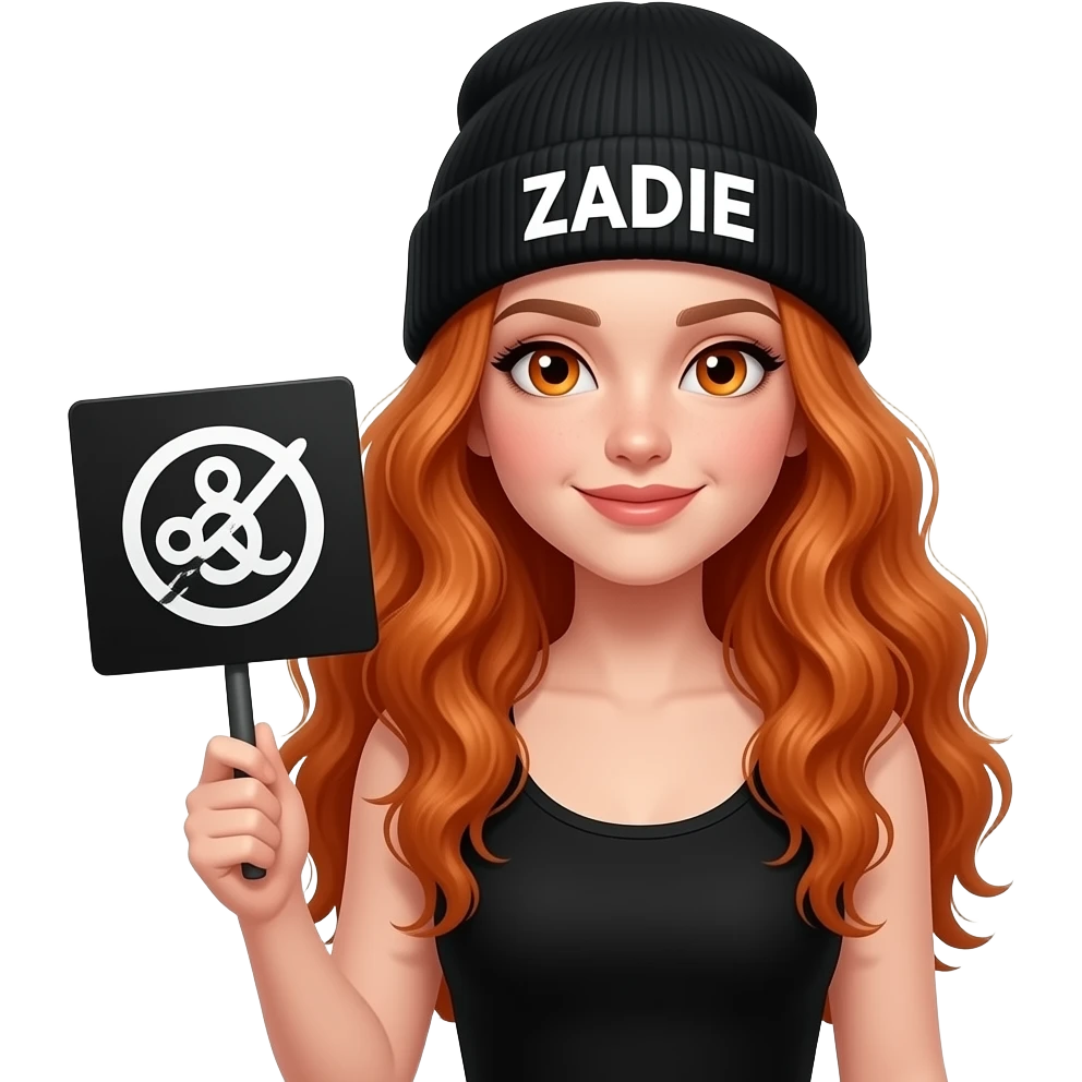 sexy girl with overlong wavy ginger hair and ginger eyes wearing a black tanktop and a black beanie with ZADIE written on it, is holding a black sign with 🆒 on it emoji